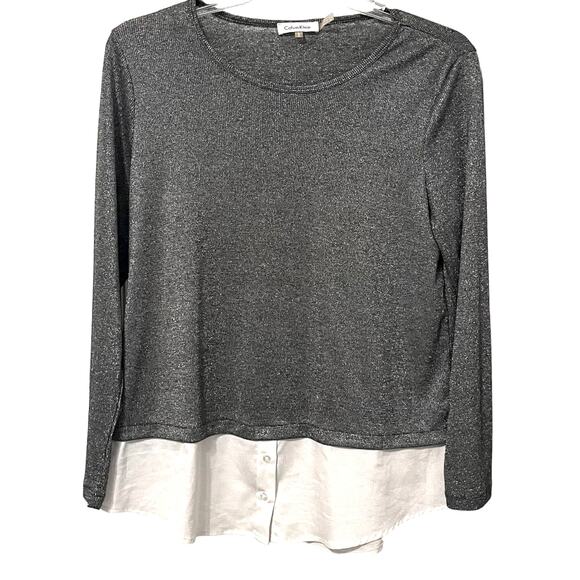 CALVIN KLEIN LONG SLEEVE ROUND NECK BLOUSE, WOMENS, L, SILVER TOP, WHITE BOTTOM - Picture 1 of 8